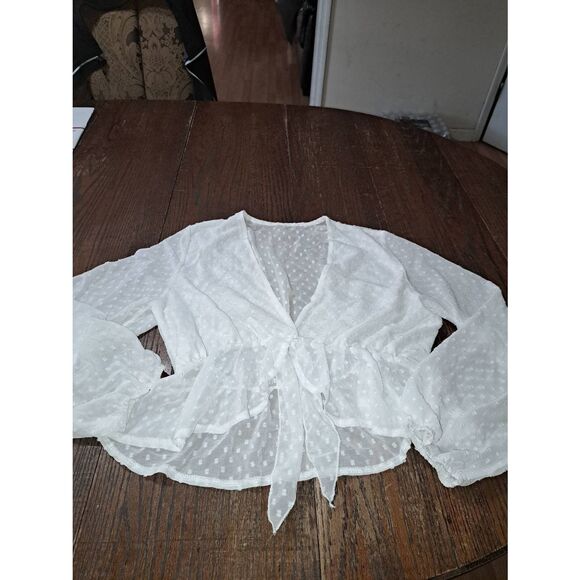 boutique Tops - Medium White Deep VCut VNeck Tie Waist Sheer Long Sleeve Shirt Top Blouse